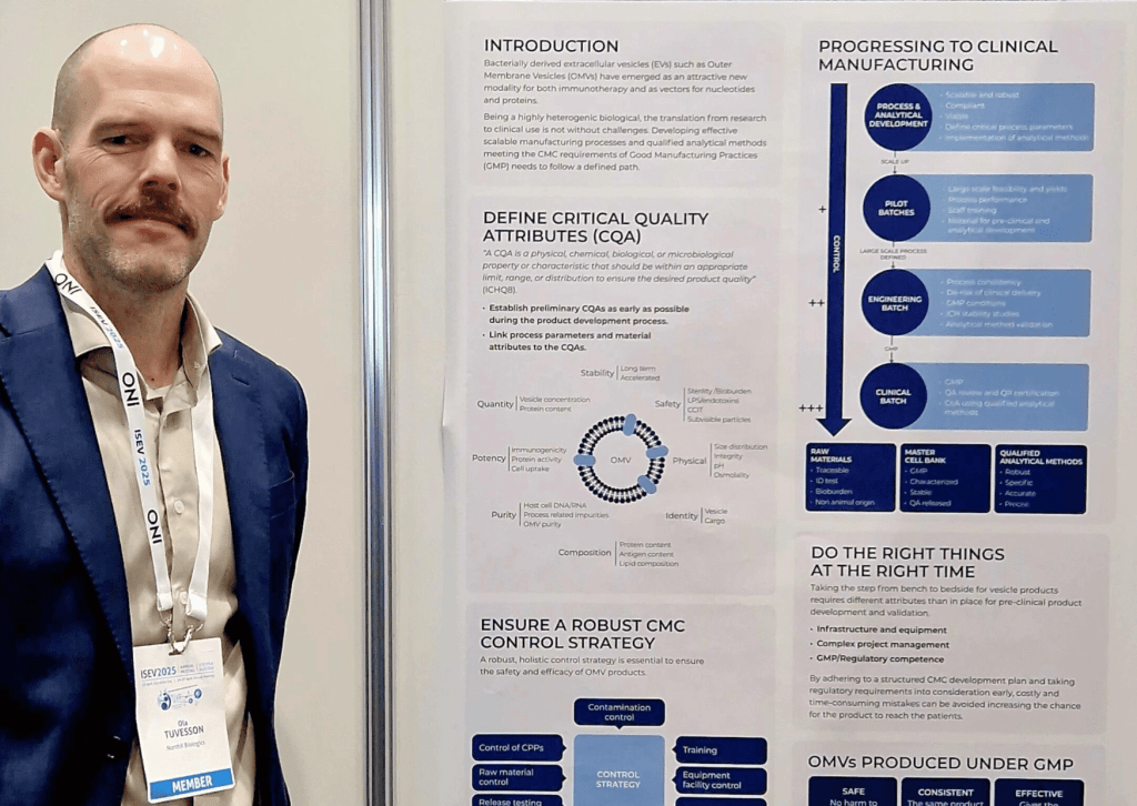 Ola Tuvesson standing in front of a poster presented NorthX Biologics' perspective on one of the most pressing questions in the extracellular vesicle (EV) field: Is it time for GMP during ISEV2025