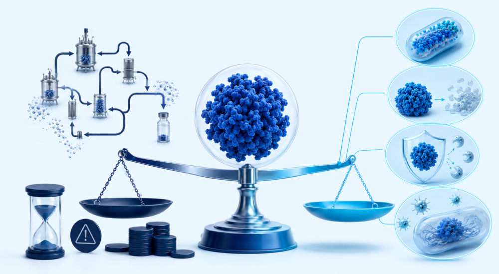 Balance illustrating the process risks, costs and manufacturing benefits of E. coli inclusion bodies